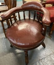 Late 19th century walnut and leather swivel club type armchair. (B.P. 21% + VAT)
