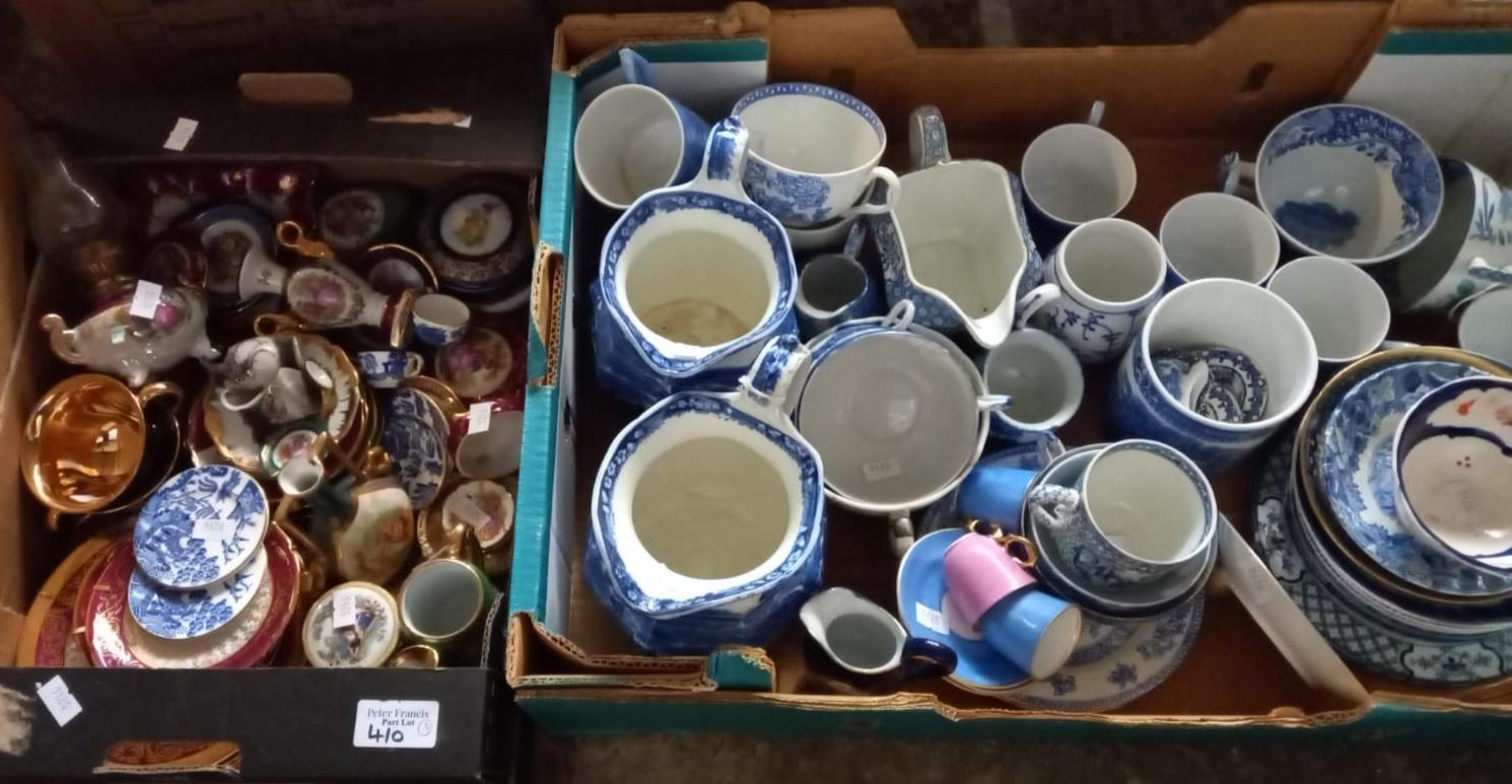 Box of assorted blue and white china, a further box of assorted miniature cabinet items and box