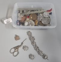 Tub of assorted items to include: Royal Life Saving Society Medal, coins, medallions, rolled gold