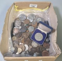 Box of assorted coins to include: Victorian silver Crown, other odd silver coins, copper coins,