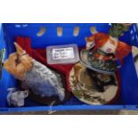 Box containing Beswick fireside Yorkshire Terrier, Staffordshire pottery cow and calf group, Royal