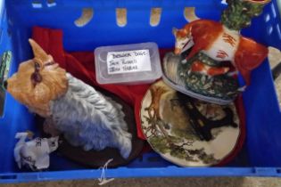 Box containing Beswick fireside Yorkshire Terrier, Staffordshire pottery cow and calf group, Royal