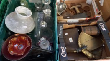 Box of assorted glass to include: decanter, Carnival glass and oil lamp shade, box of metalware to