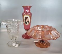 19th Century cranberry glass vase with central hand painted porcelain portrait of a young lady,