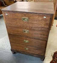 19th century mahogany straight front chest of four drawers with campaign style brass recessed