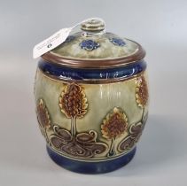 Early 20th century Royal Doulton stoneware 1887 tobacco jar and cover, relief decorated with flowers