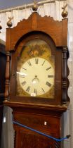 19th century Welsh oak 30 hour long case clock with arch painted Roman face . With pendulum and