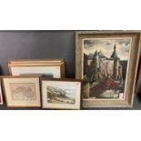 Group of assorted furnishing pictures and maps to include: watercolour of Three Cliffs Bay,