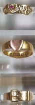 Two 9ct gold rings of buckle design and one marked 'Love' together with another gold signet ring