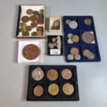 Collection of old tokens, coins, medals, medallions, silver coin brooch, Art Deco silver watch