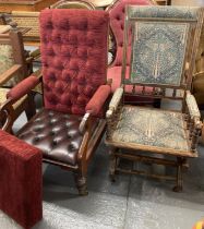 Victorian mahogany button back open armchair with later cushion and leather seat hidden, together