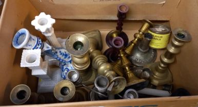 Box of assorted melalware, candlesticks etc. and a box of oddments to include: cut glass table