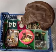 RAF 'Bennetts' leather flying helmet, 19th century powder measures, coins, metal sign, Russian brass