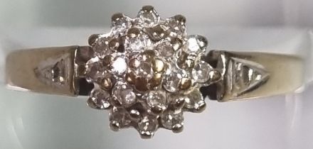Gold diamond cluster ring, indistinct hallmarks. 1.8g approx. Size N1/2. (B.P. 21% + VAT)