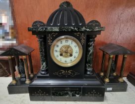 Late Victorian black slate and marble two train architectural clock garniture, Arabic ceramic