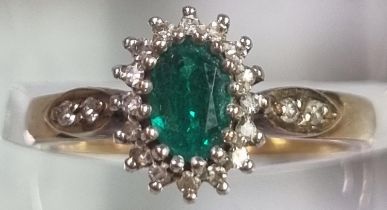 9ct gold diamond and green stone cluster ring. 2.7g approx. Size J1/2. (B.P. 21% + VAT)