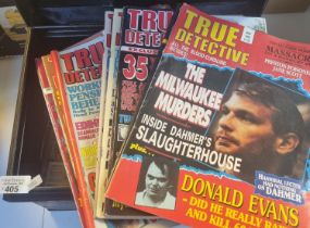 Metal deed box containing vintage True Detective and Murder magazines, various. (B.P. 21% + VAT)