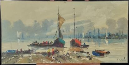 H Roberts (20th century), Middle Eastern estuary scene with beached boats and figures, signed.