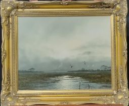 J Hilliard, (Contemporary Welsh), 'Pintail and Stormy Clouds', a late evening winter estuary