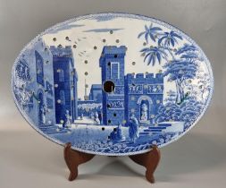 Early 19th century Spode blue and white transfer printed drainer dish in the 'Castle of Boudron,