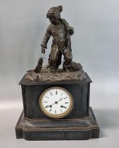 A French black slate mantle clock by Rollin of Paris, late 19th century with white enamel face,