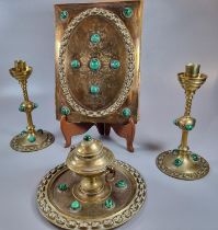 G Betjemann & Sons, a collection brass Arts & Crafts desk items, to include: pair of candlesticks,