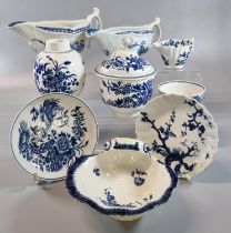 Collection of 18th century First Period Worcester blue and white items to include: lidded porringer,