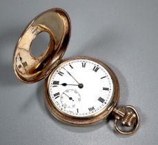 9ct gold half hunter keyless top wind pocket watch, having white enamelled face with Roman