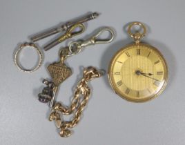 19th century 18ct gold fancy engraved key wind fob watch with engine turned Roman face and foliate