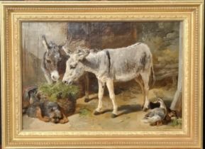 George William Horlor (British 1832 -1895), two donkeys with dog and ducks in a stable interior,