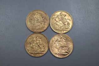 Four Edward VII and George V gold full Sovereigns dated 1907, 1909, 1910 and 1911. (4) (B.P. 21% +