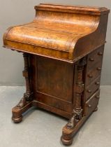 Victorian walnut Davenport desk, of piano front form, with rising gallery, the hinged lid