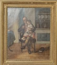 British School (19tyh century), father sharing a cup of tea with his daughter on his knee, cat at