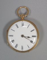 19th century 18ct gold open faced key wind pocket watch with white enamel face having Roman