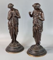 Pair of 19th century French bronze neoclassical female figures, one holding a book marked 'Ciencia',