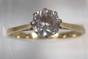 Probably 18ct gold brilliant cut diamond solitaire ring with crown shank. 2.5g approx. Size P.