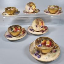 Six Royal Worcester demi-tasse porcelain cups and saucers, hand painted with fruit, signed