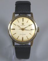 Omega Seamaster gold plated gentleman's wristwatch with satin face having baton numerals and