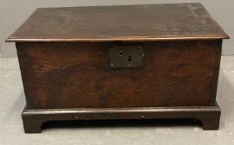 Late 18th century Welsh oak coffwr bach of plain rectangular form with iron plate lock, on a