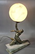 Art Deco gilt spelter table lamp, modelled as a kneeling dancer with one arm upstretched, holding an