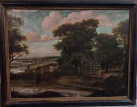 18th century Continental School, naïve landscape through trees with river and swans in the