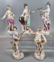Set of five continental porcelain figurines of ladies with birds, baskets and musical instruments.