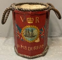 Unusual 19th century Naval wooden hand painted powder/cannon bin, of octagonal form with rope