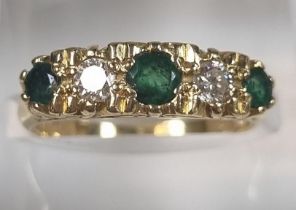 Late 19th early 20th century 18ct gold five stone diamond and emerald ring, Sheffield hallmarks. 4.