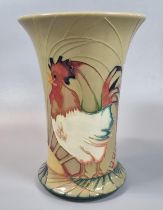 Modern Moorcroft Pottery tube lined 'Sunrise' vase decorated with cockerels. A trial piece dated
