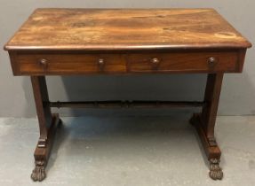 Mid 19th century rosewood stretcher table, the moulded rectangular top with curved edges above two