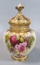 Royal Worcester porcelain potpourri vase and pierced domed cover, hand painted with roses and