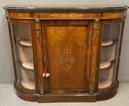 19th century walnut marquetry and mixed woods bow front credenza, the moulded ebonised and gilt