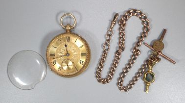 19th century 18ct gold open faced keyless fancy pocket watch with engine turned Roman face, having