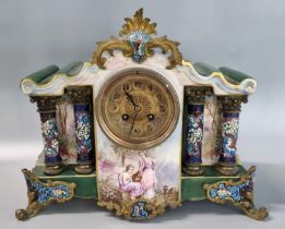 Early 20th century ceramic mantle clock with Champlevé enamel type decoration and French two train